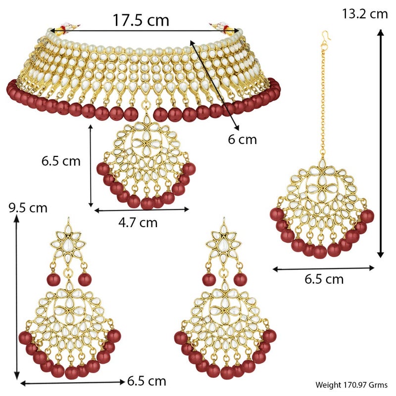 Aheli Faux Kundan Beaded Necklace with Earrings & Maang Tikka Indian Bollywood Ethnic Jewelry Set for Women - Image 4